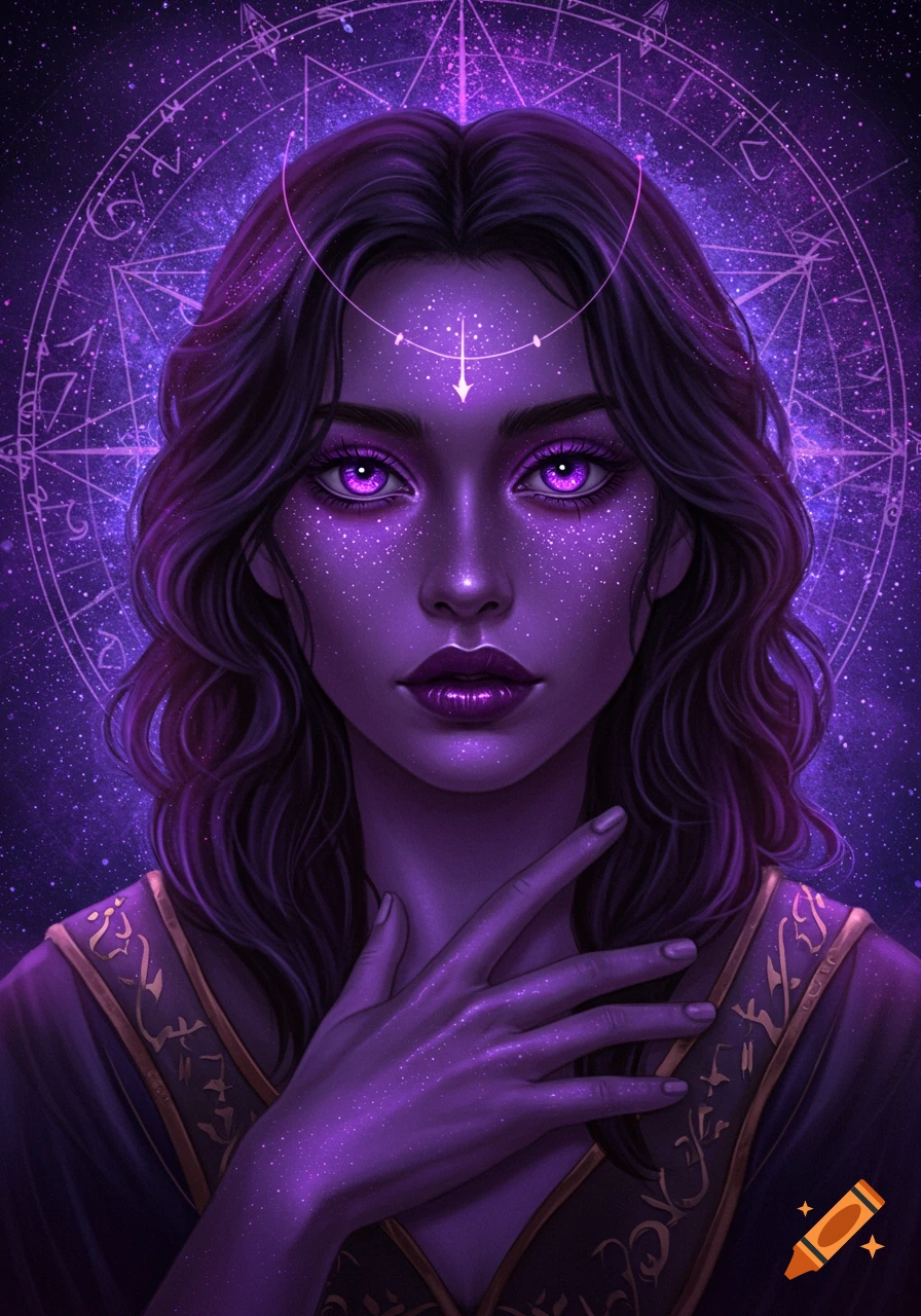 Portrait of a woman with purple skin and cosmic speckles against an astrological background.