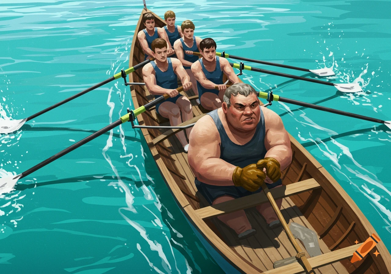 Illustration of a large coxswain steering a crewed rowing boat on the water.