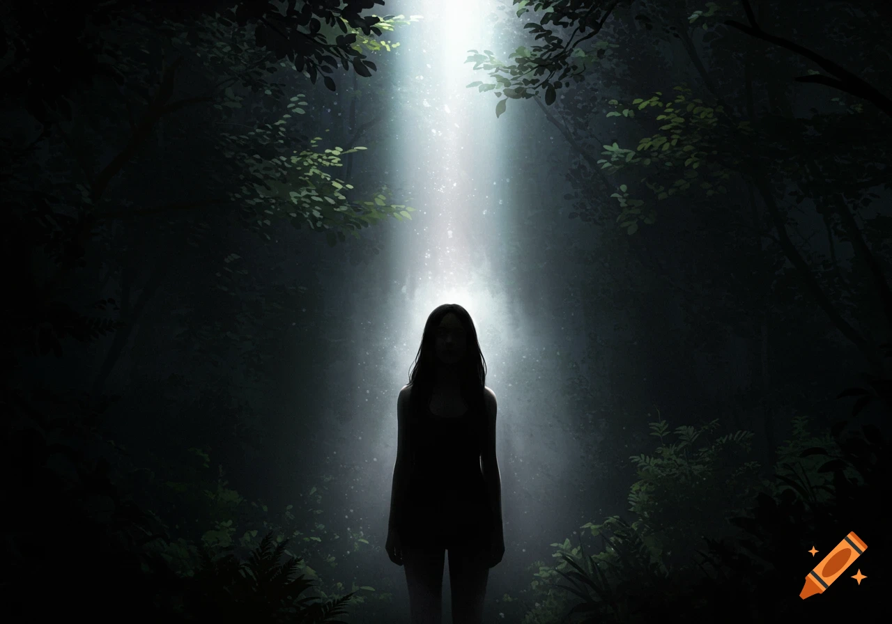 Silhouetted figure stands in a dark forest under a bright light beam.