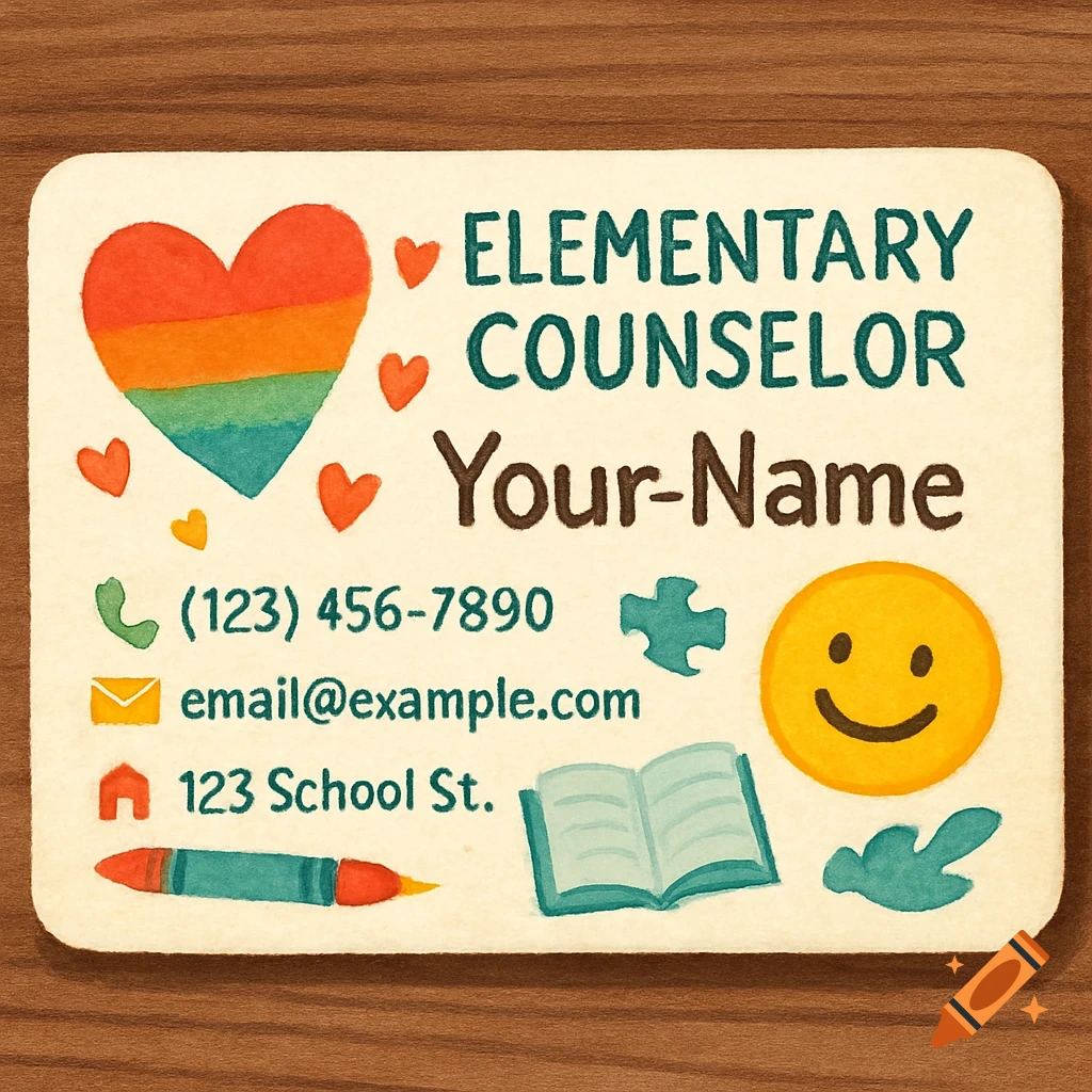 Watercolor illustration of an elementary counselor business card with text, rainbow heart, icons, and drawings.