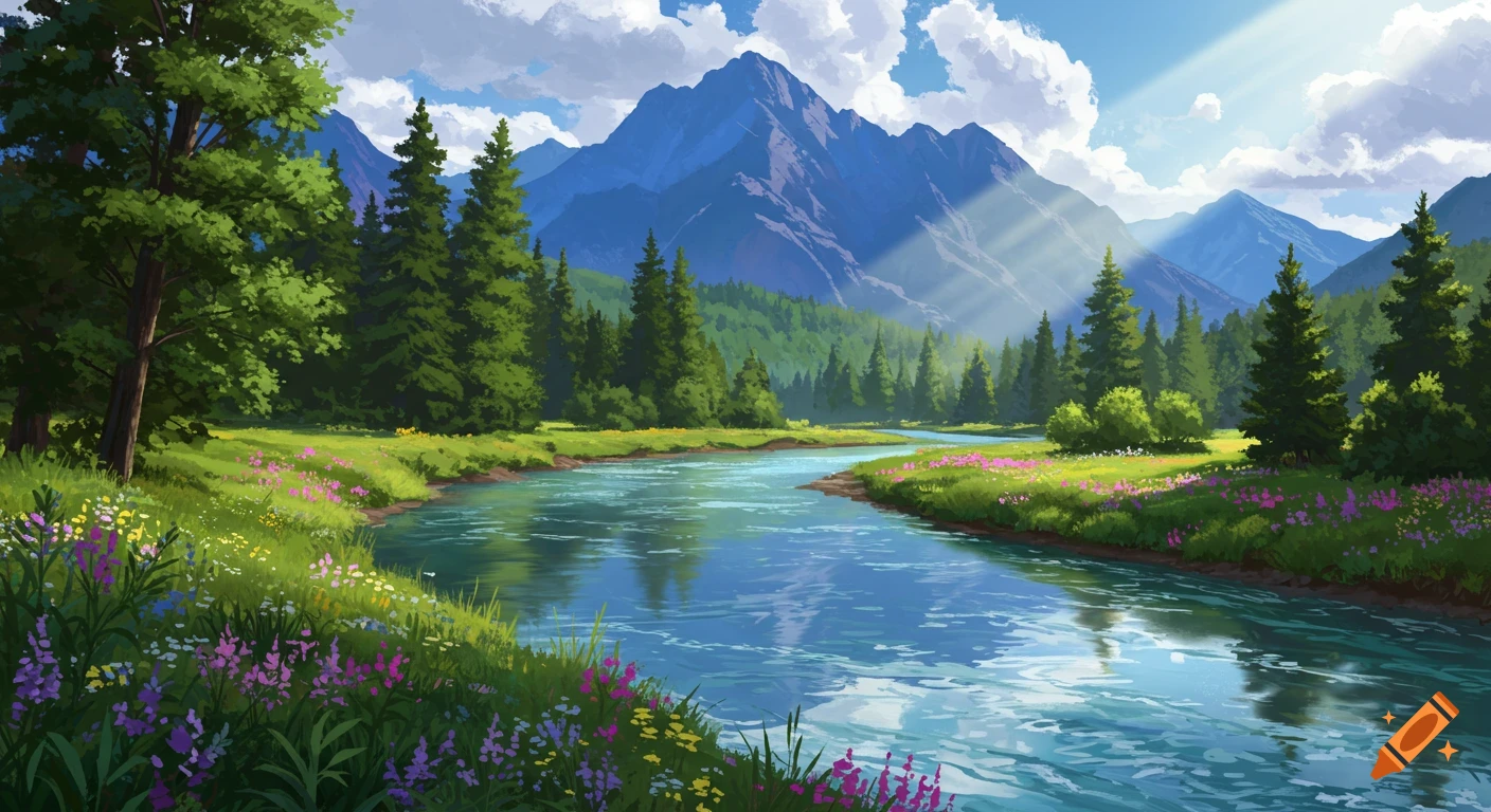 Scenic river flowing through a lush green forest towards blue mountains under a cloudy sky.