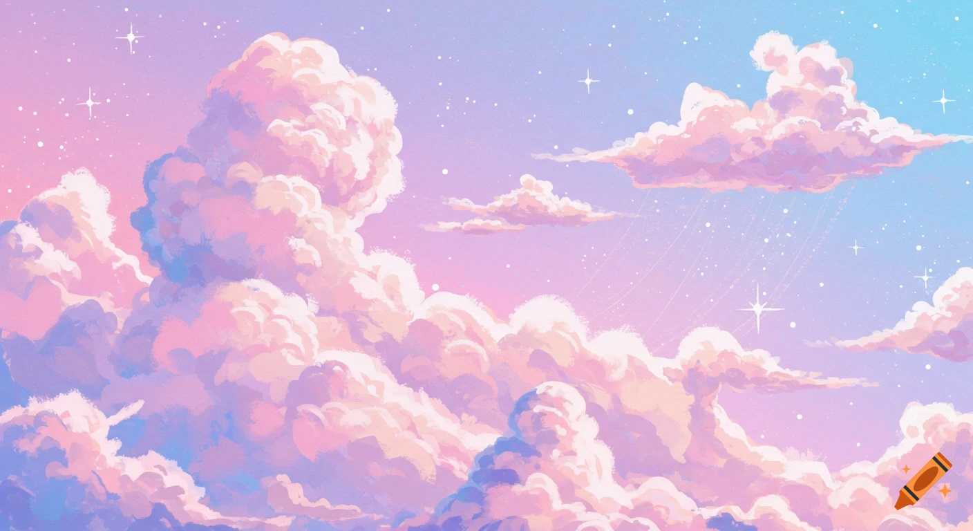 Pastel pink and purple whimsical clouds in a sky with sparkles.