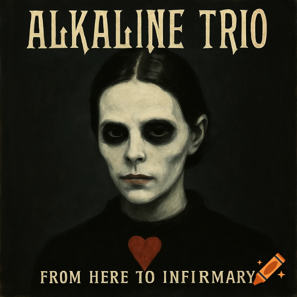 Album art of a pale figure with dark eyes, black shirt, red heart, and band/album text.