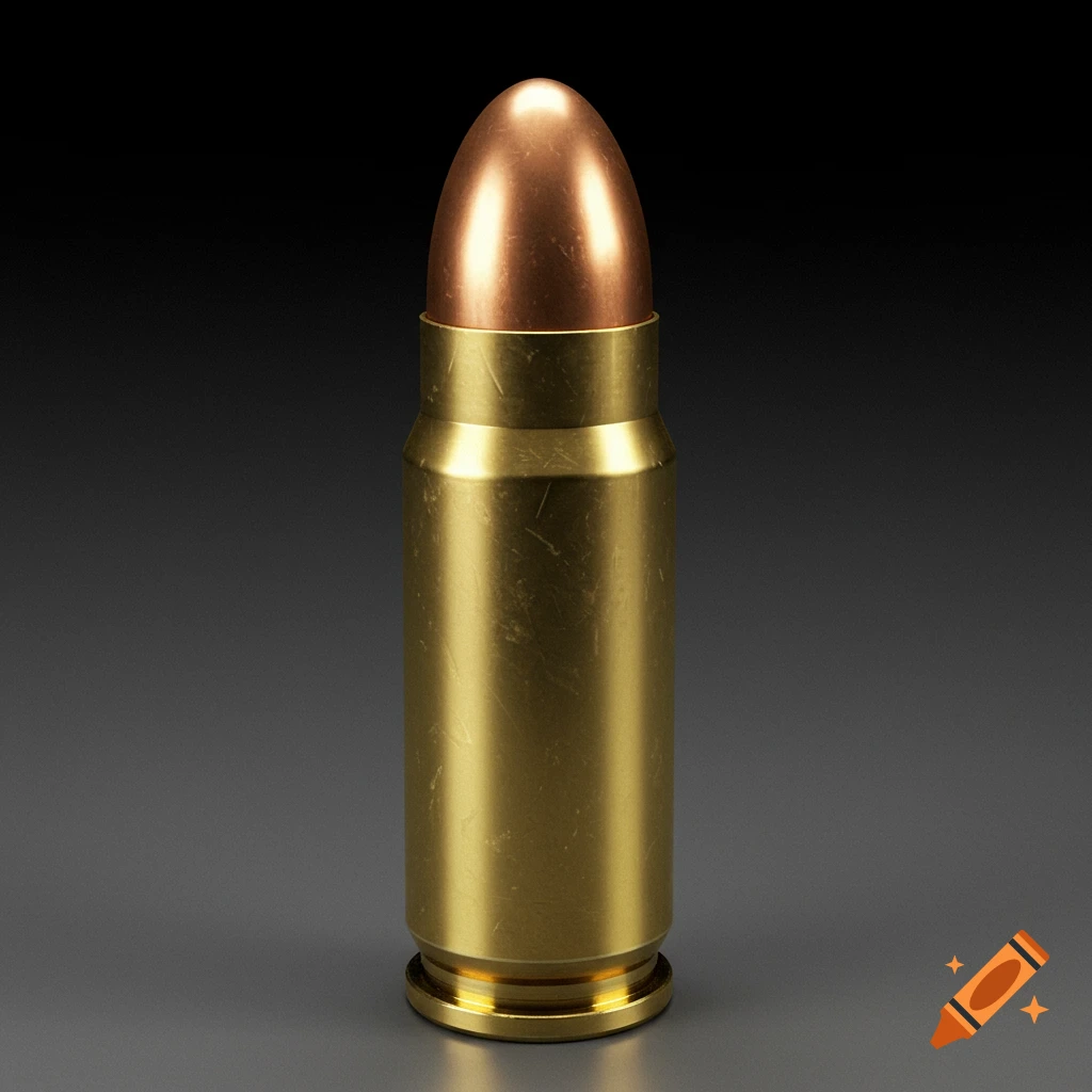 A single bullet cartridge standing upright, photorealistic rendering.