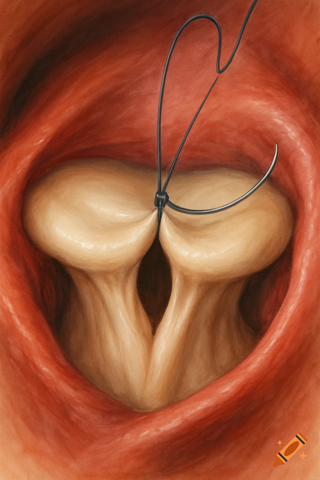 Surgical suture being placed on heart tissue.