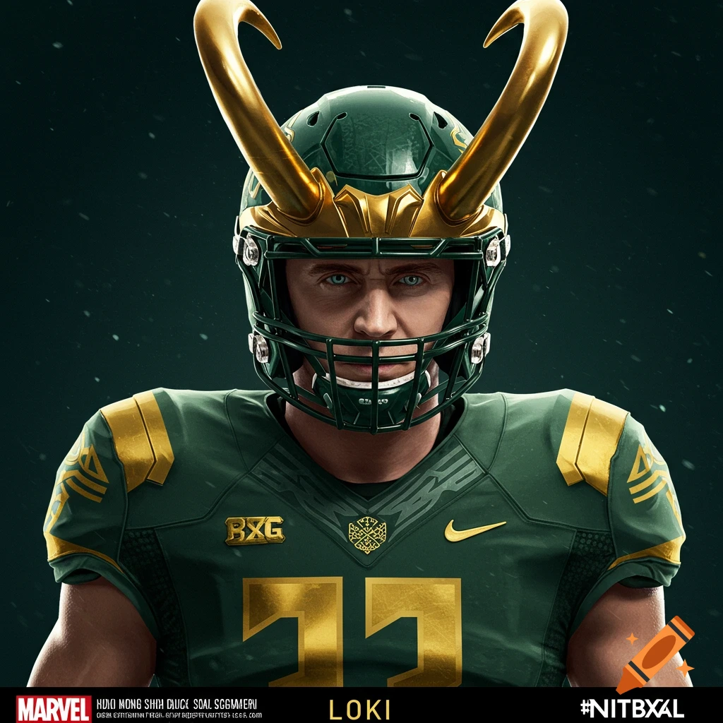 Close-up portrait of a person in a green and gold football uniform and helmet with golden Loki horns.