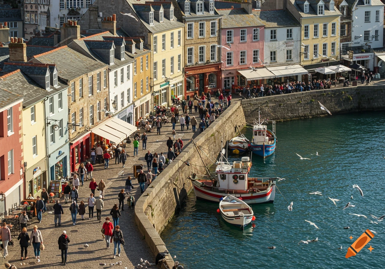 A busy coastal town harbor with colorful buildings, boats, and many people walking along the waterfront.