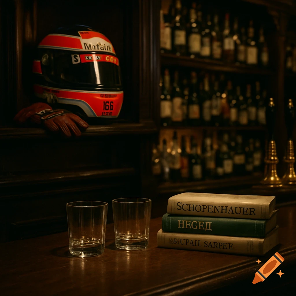 A racing helmet and gloves on a shelf above a bar with glasses and books on the counter, in a realistic, cinematic style.