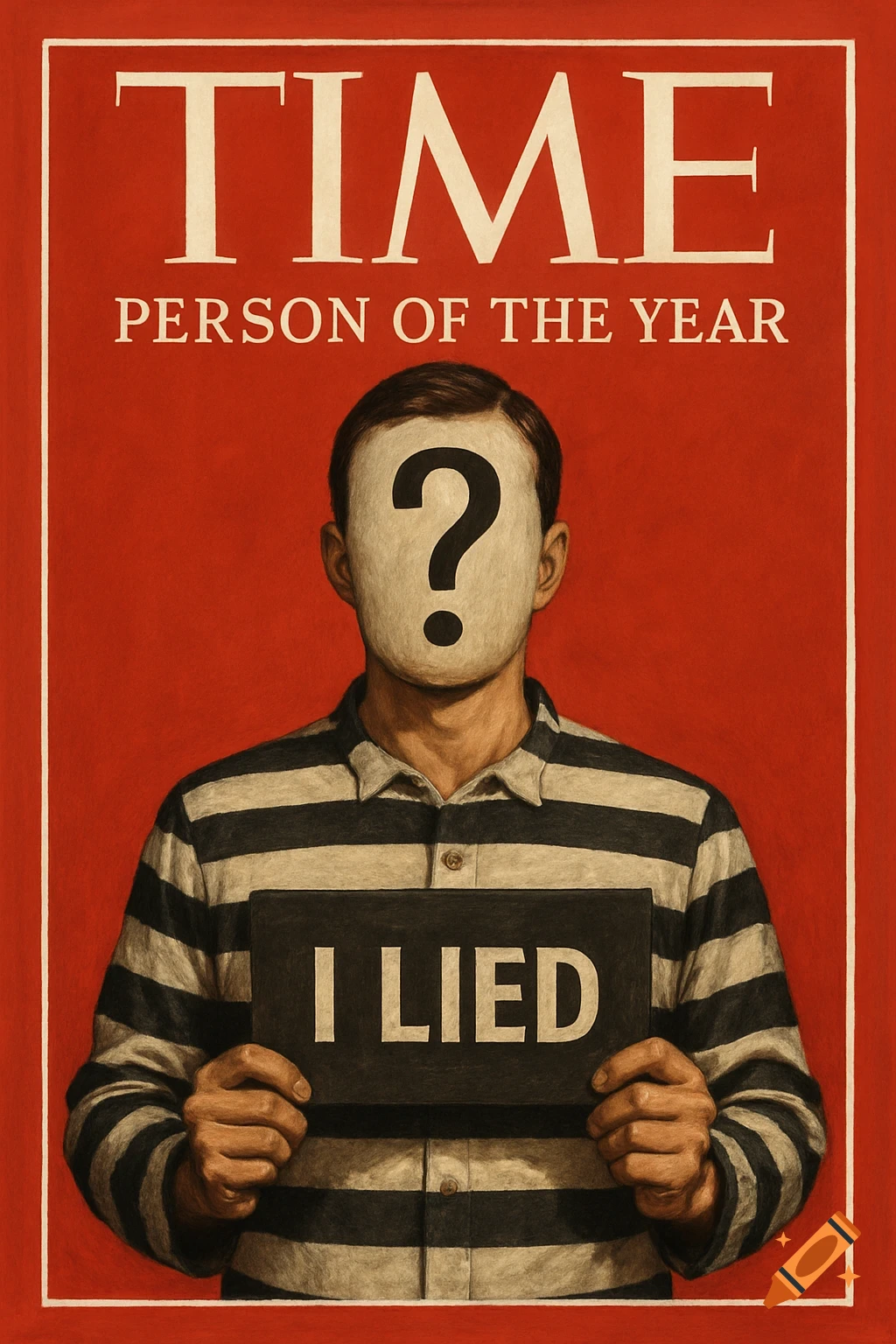 Time magazine cover featuring a man with a question mark face in a striped shirt holding a sign saying 'I LIED'.