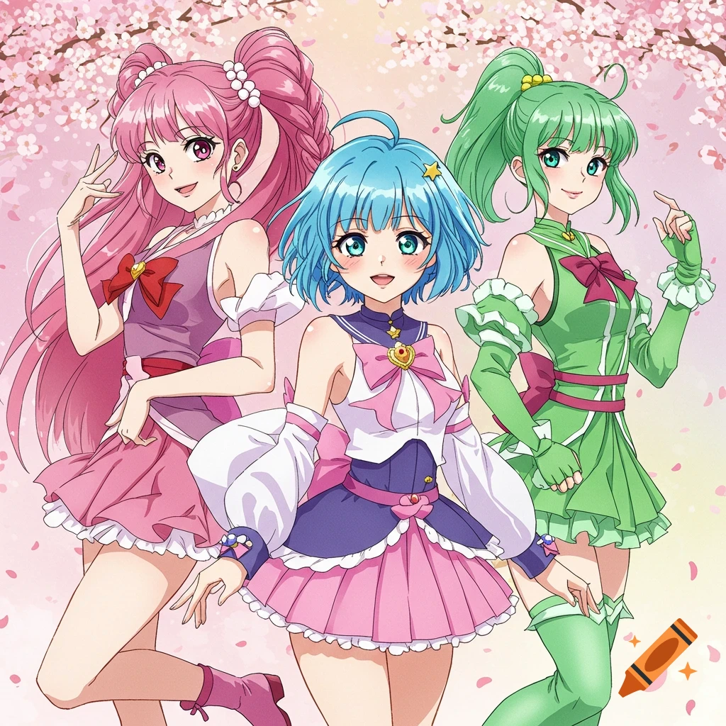 Three anime girls posing under cherry blossoms