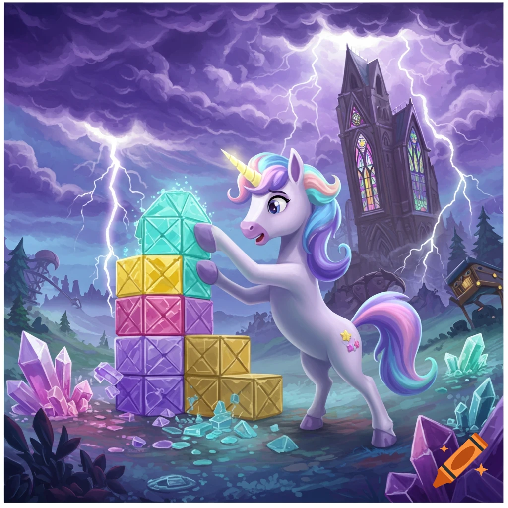 A cartoon unicorn builds a tower of crystal blocks in a stormy fantasy landscape.