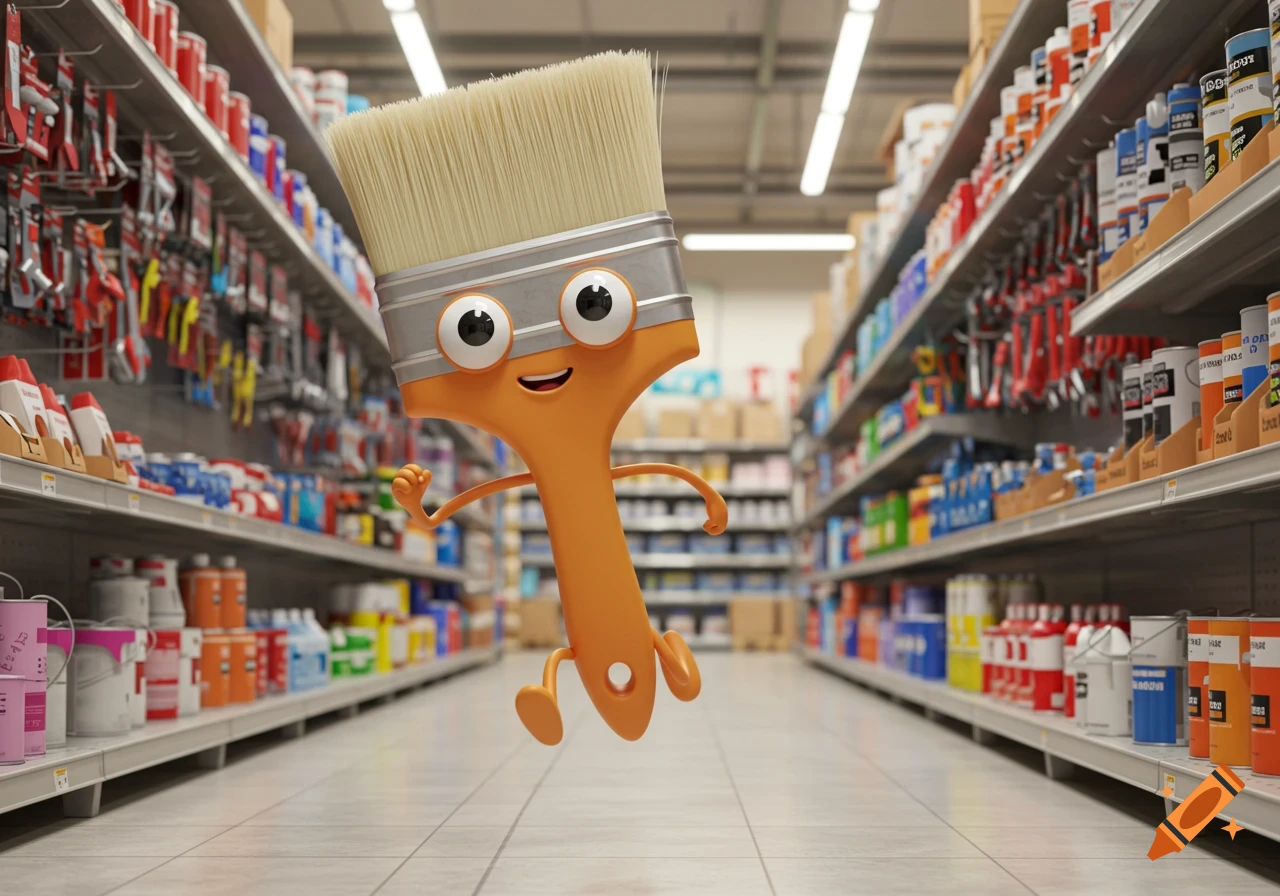 A cute 3D cartoon paintbrush character with big eyes runs down an aisle in a hardware store.