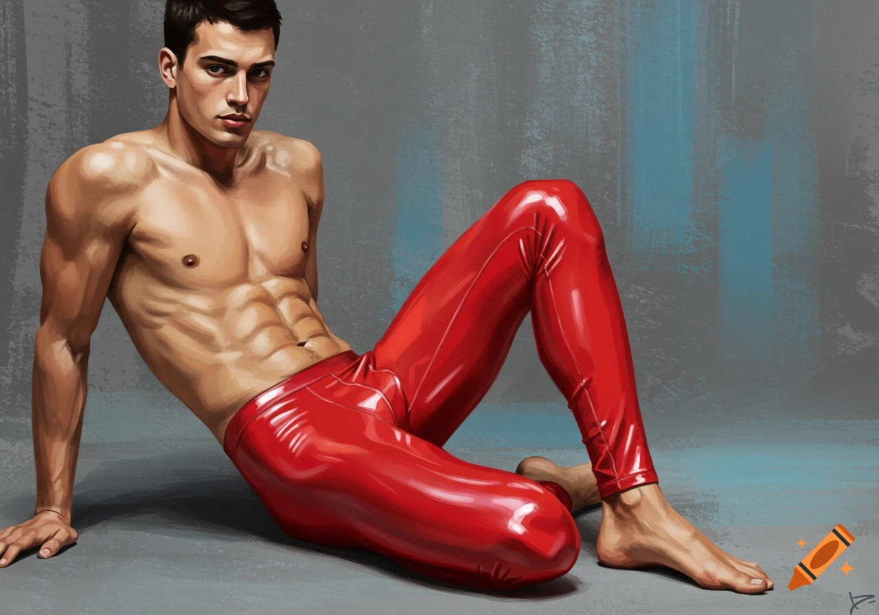 Painting of a muscular man wearing shiny red leggings, seated against a gray background.