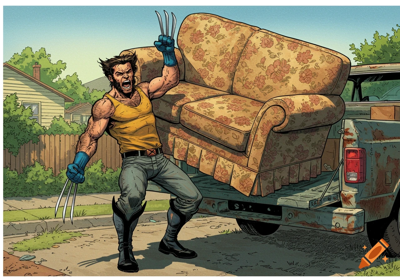 Comic book style illustration of Wolverine unloading a sofa from a truck.