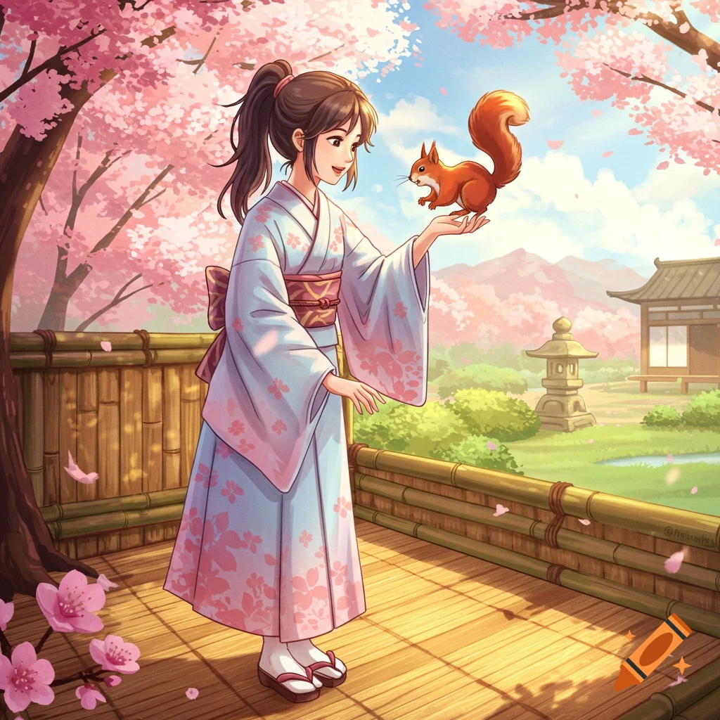 An anime illustration of a person in a kimono holding a squirrel in a Japanese garden with cherry blossoms.