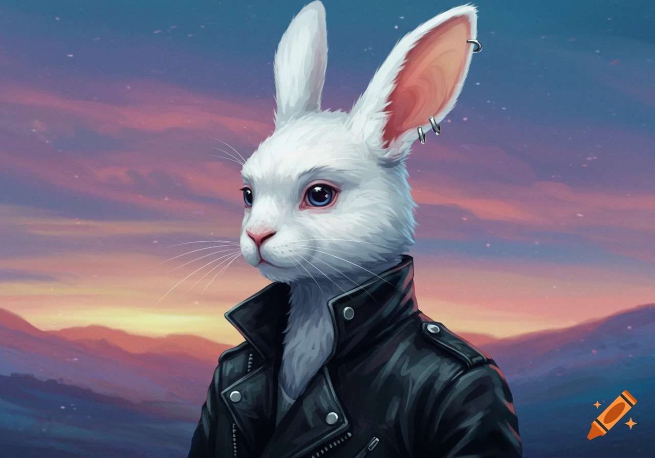 A white rabbit person wearing a black leather jacket with ear piercings stands against a sunset landscape.
