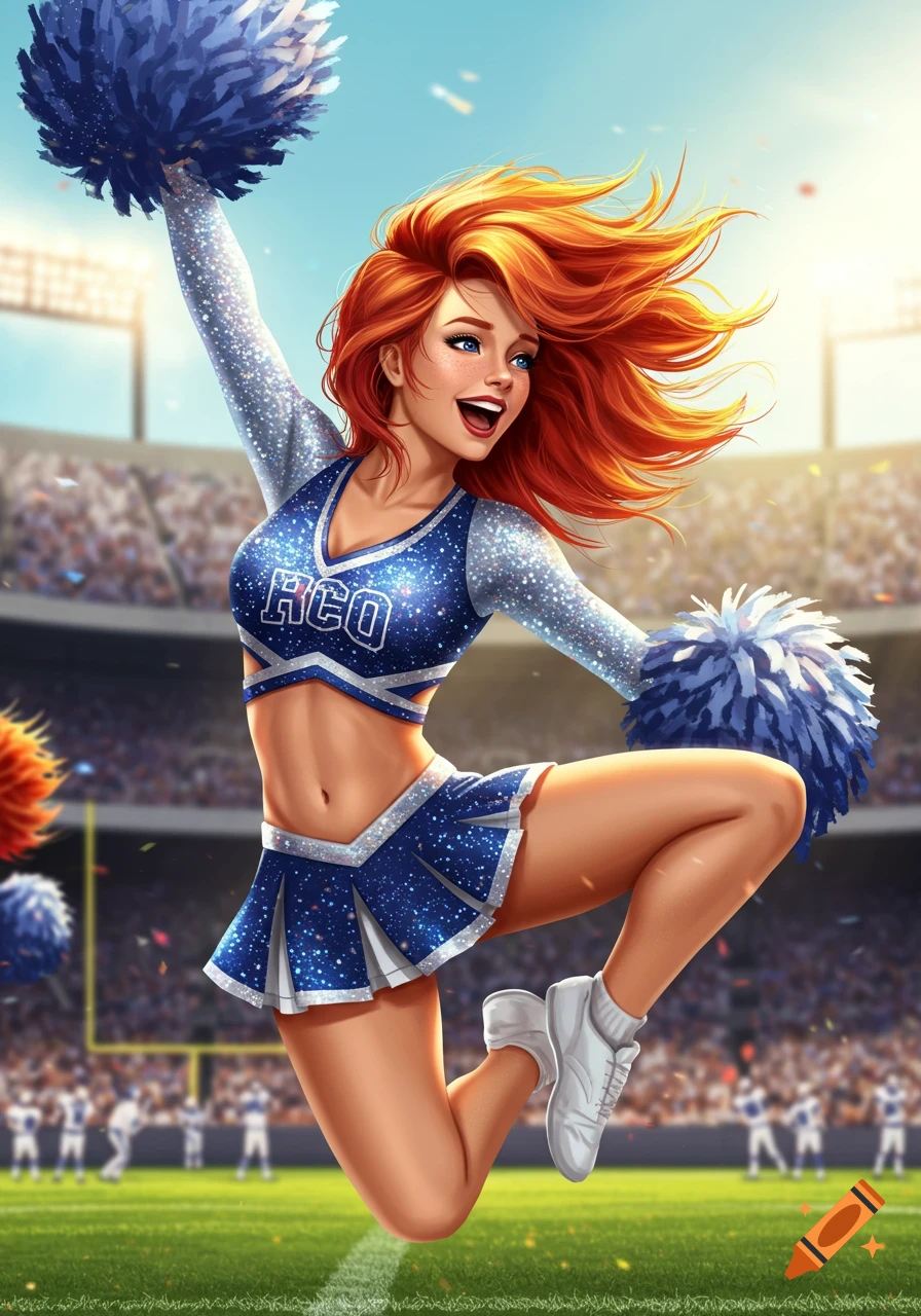 Redhead cheerleader jumping in a blue uniform with pompoms in a stadium.