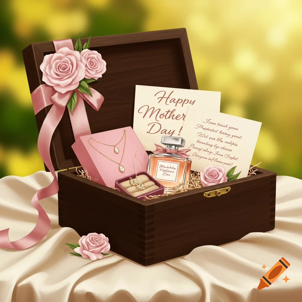 Open wooden gift box filled with Mother's Day gifts: jewelry, perfume, cards, and pink roses on silk.