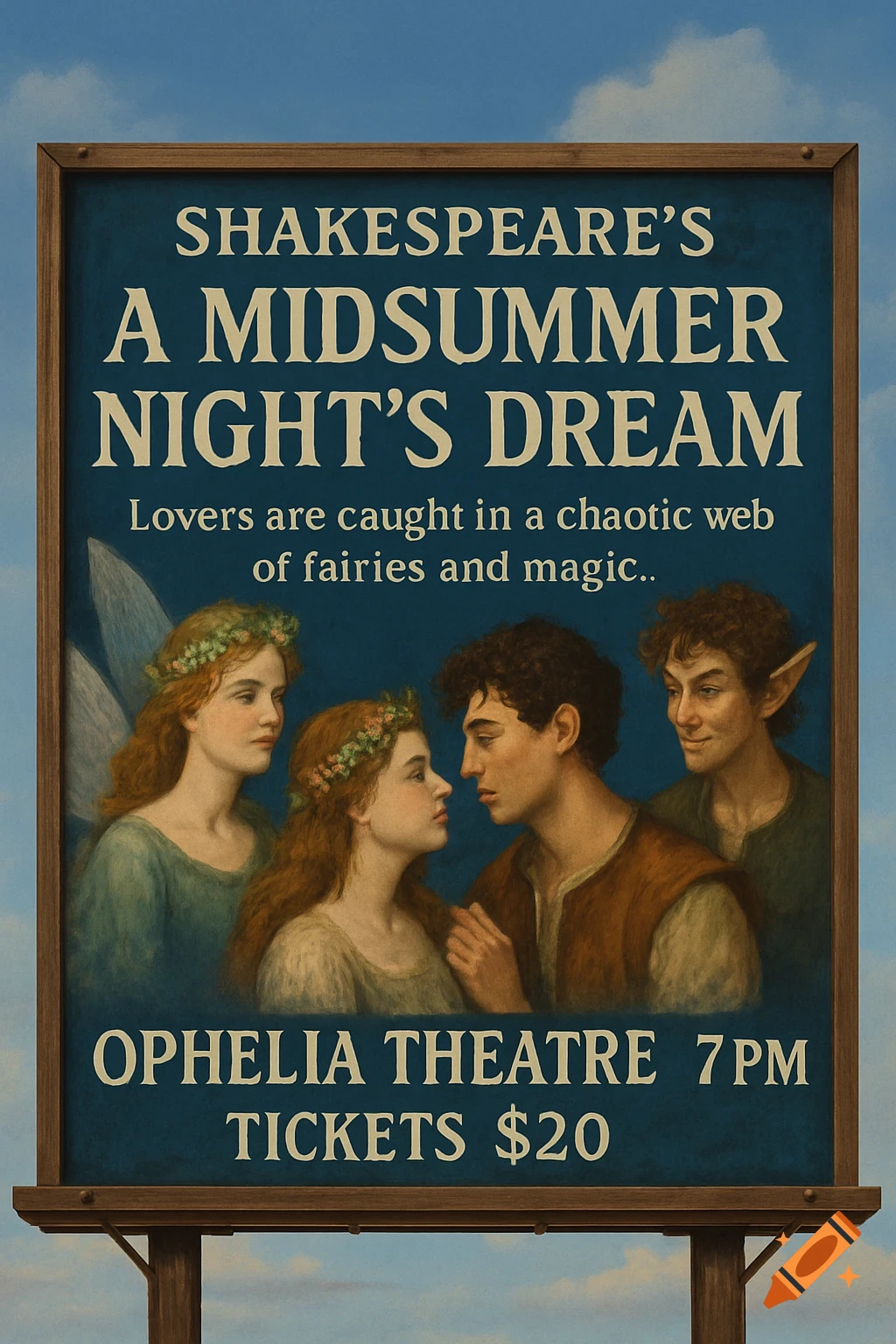 A billboard advertising Shakespeare's A Midsummer Night's Dream play, featuring illustrated characters under text details.