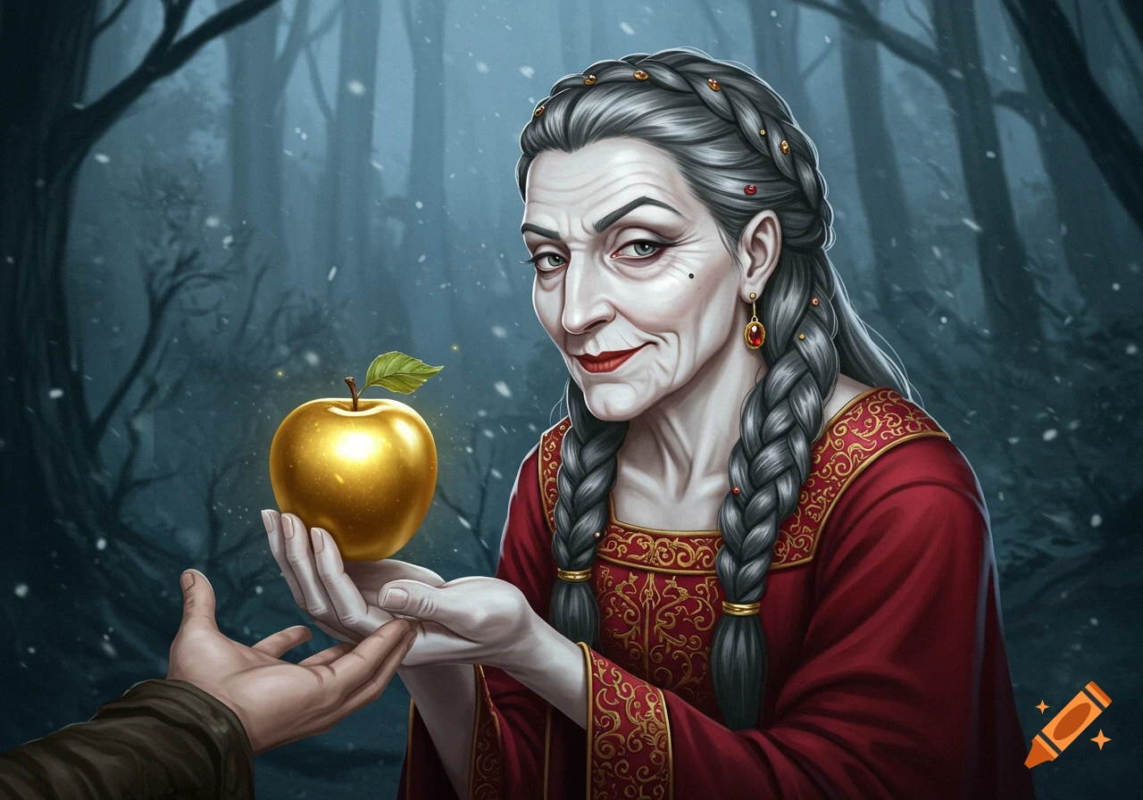 Old woman offers a golden apple in a dark forest, fairytale illustration.