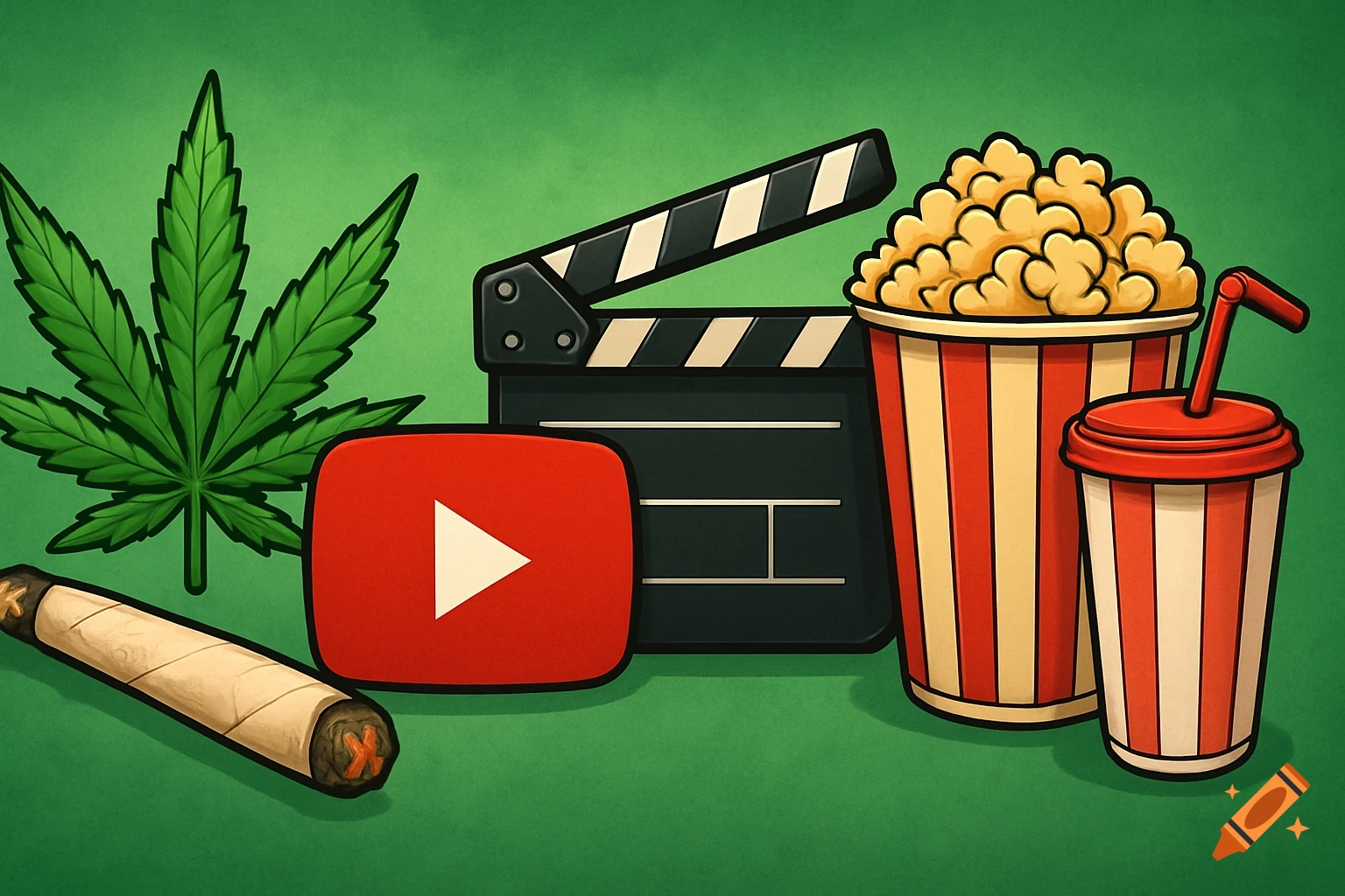 Stylized illustration of a marijuana leaf, clapperboard, YouTube logo, popcorn, and a drink on a green background.