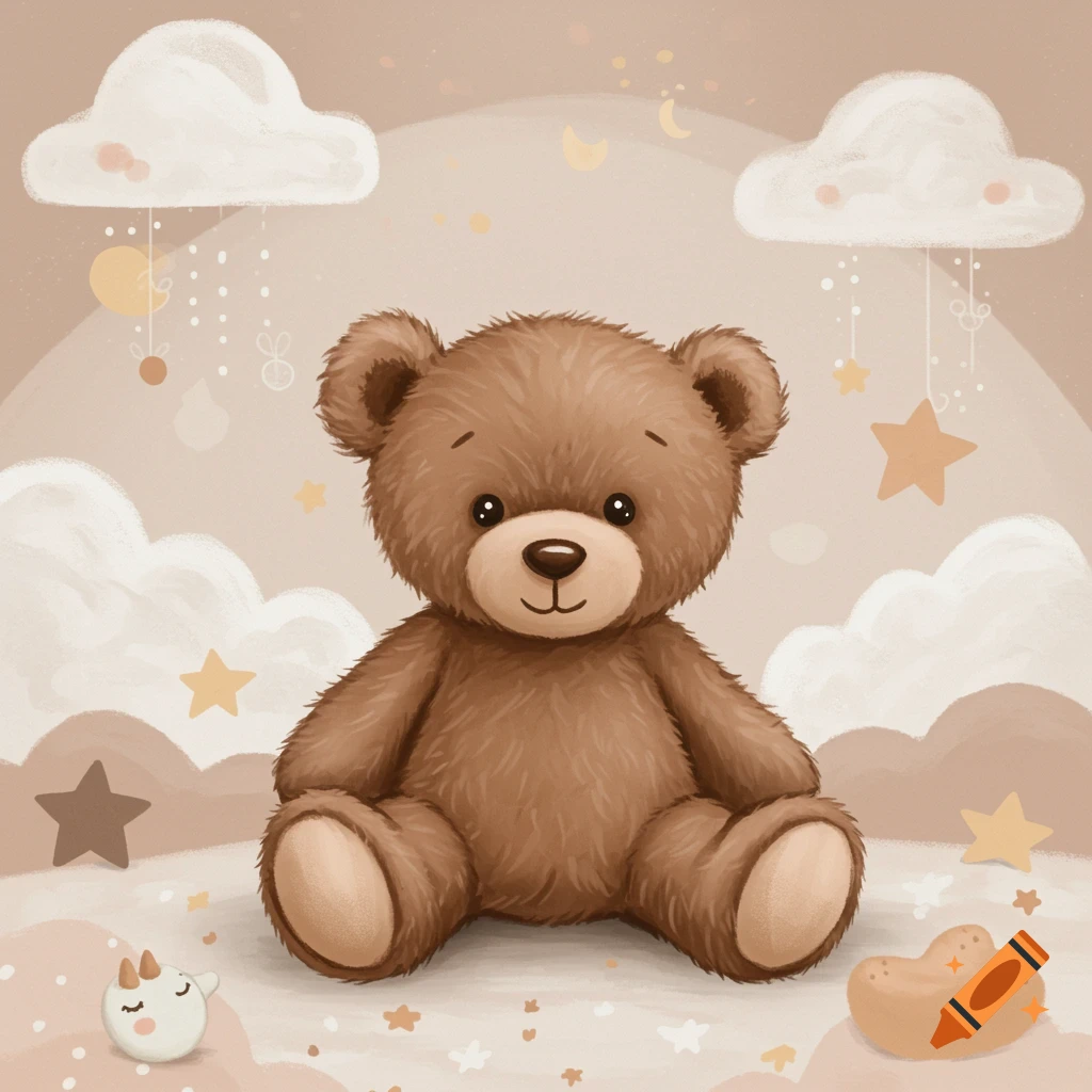 A cute watercolor illustration of a teddy bear sitting amongst clouds and stars in a soft nursery setting.