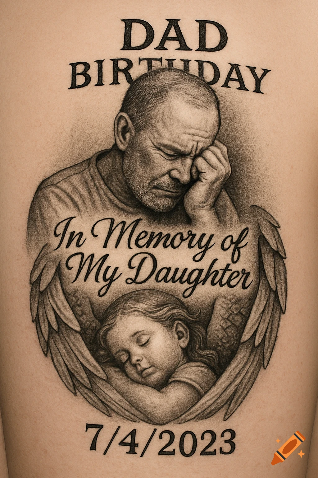 Tattoo design of a man grieving, a sleeping child with wings, and memorial text.