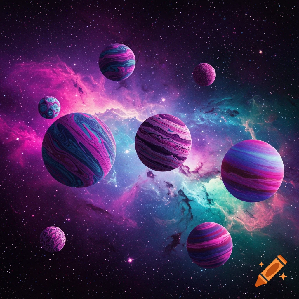 Colorful surreal planets float in a vibrant purple and blue nebula with stars.