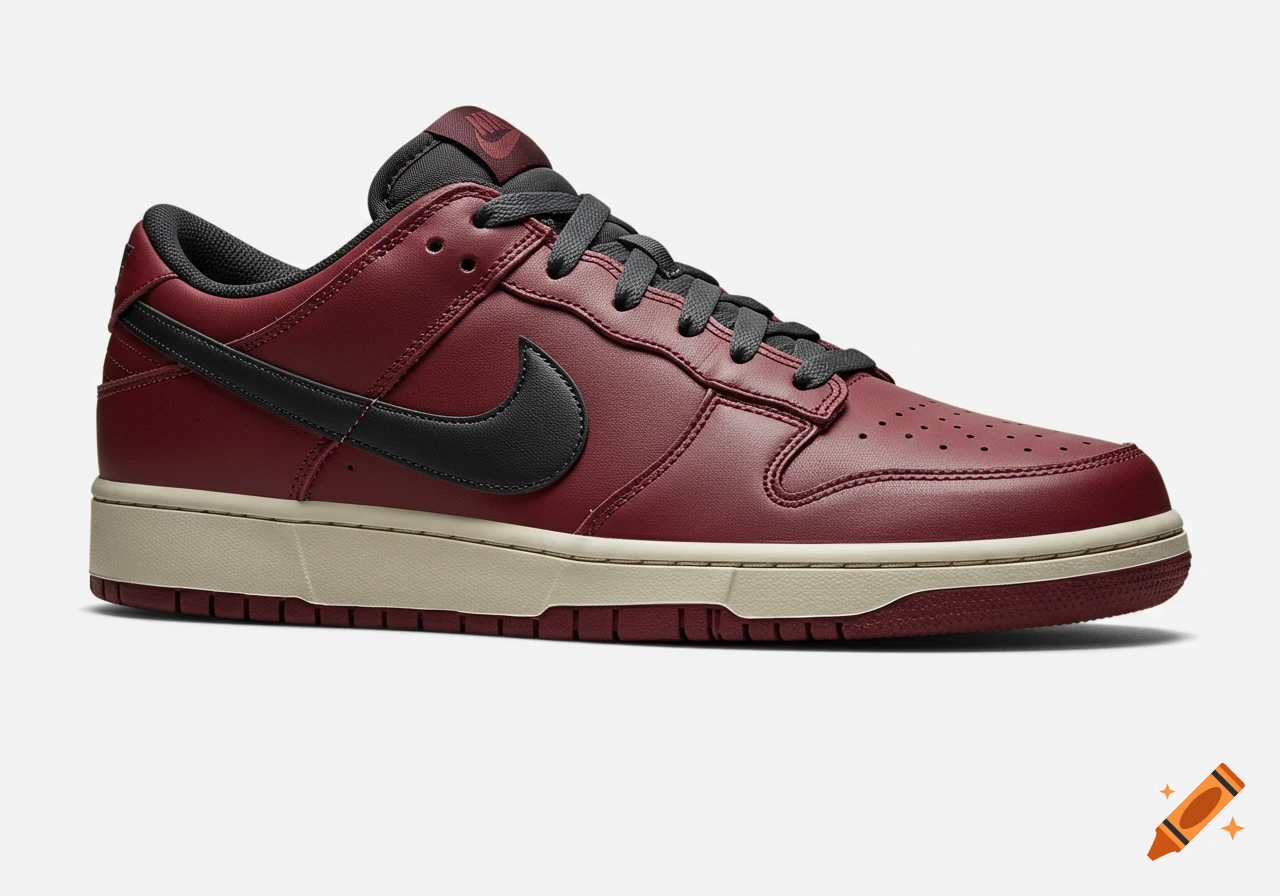 Wine red low-top sneaker with black swoosh, black laces, and light-colored sole