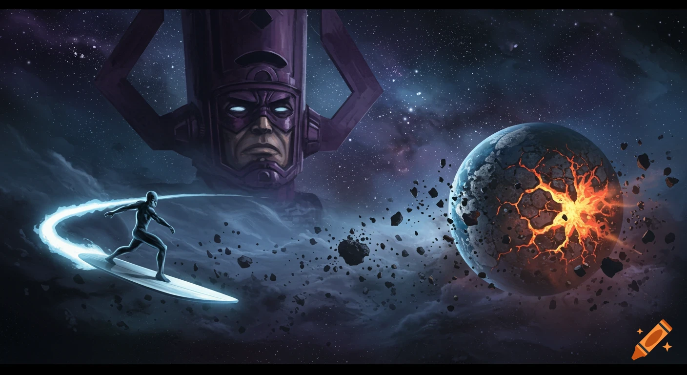 Silver Surfer surfs past a shattered planet with Galactus looming in a cosmic illustration.