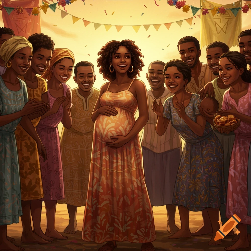 Illustration of a pregnant woman surrounded by a celebrating community.
