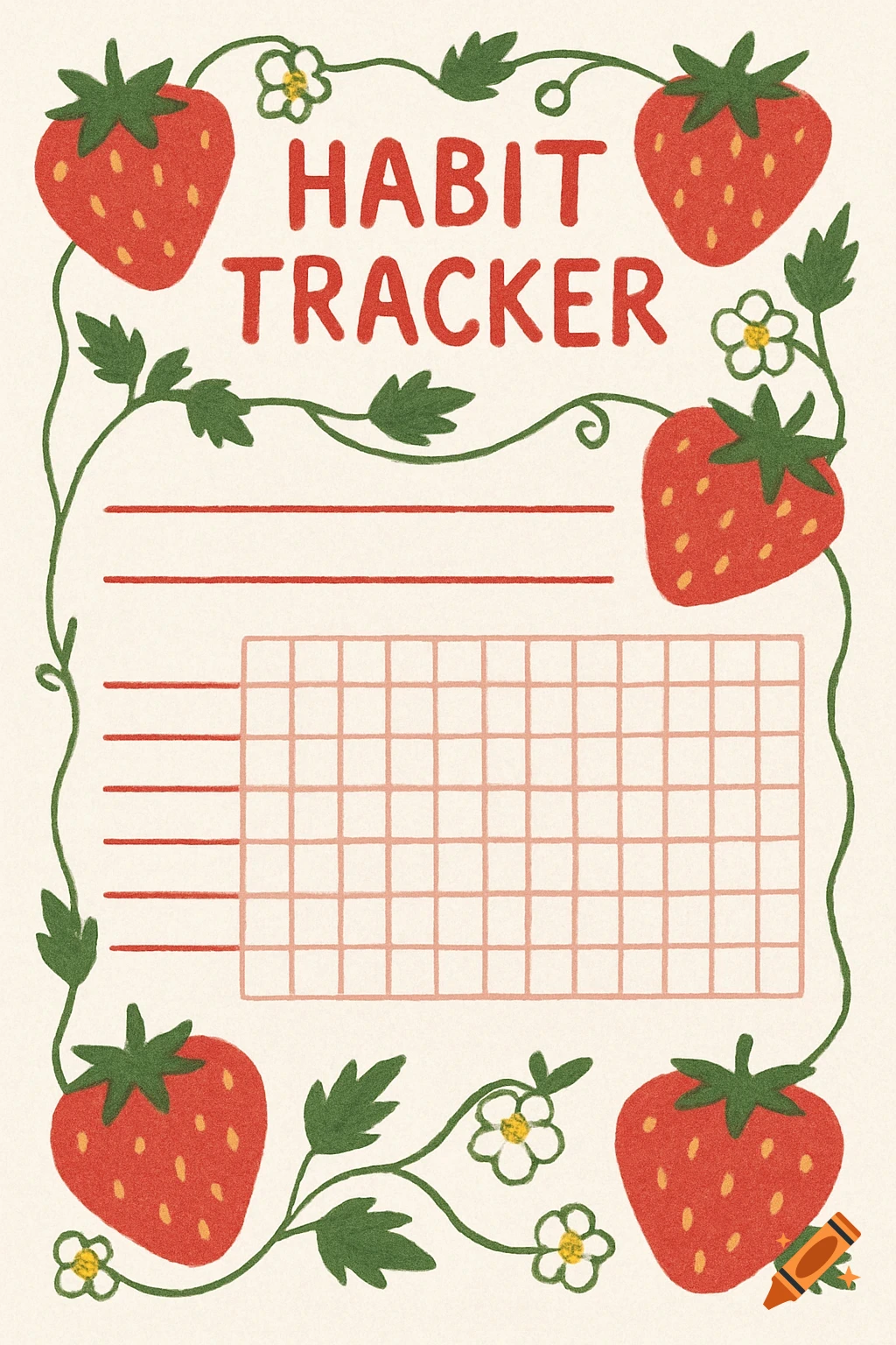 A strawberry-themed habit tracker template with a grid and lines.