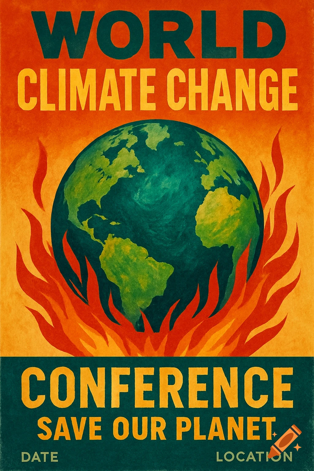 Poster for a climate change conference shows the Earth burning, with text 'WORLD CLIMATE CHANGE CONFERENCE SAVE OUR PLANET'.