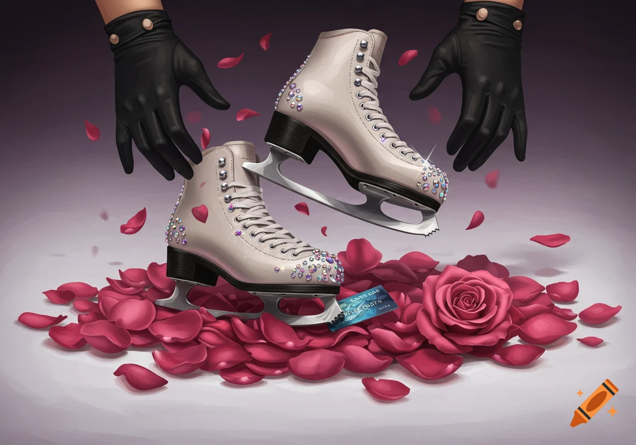 Detailed rendering of figure skates on rose petals with a credit card underneath and black gloved hands reaching down.