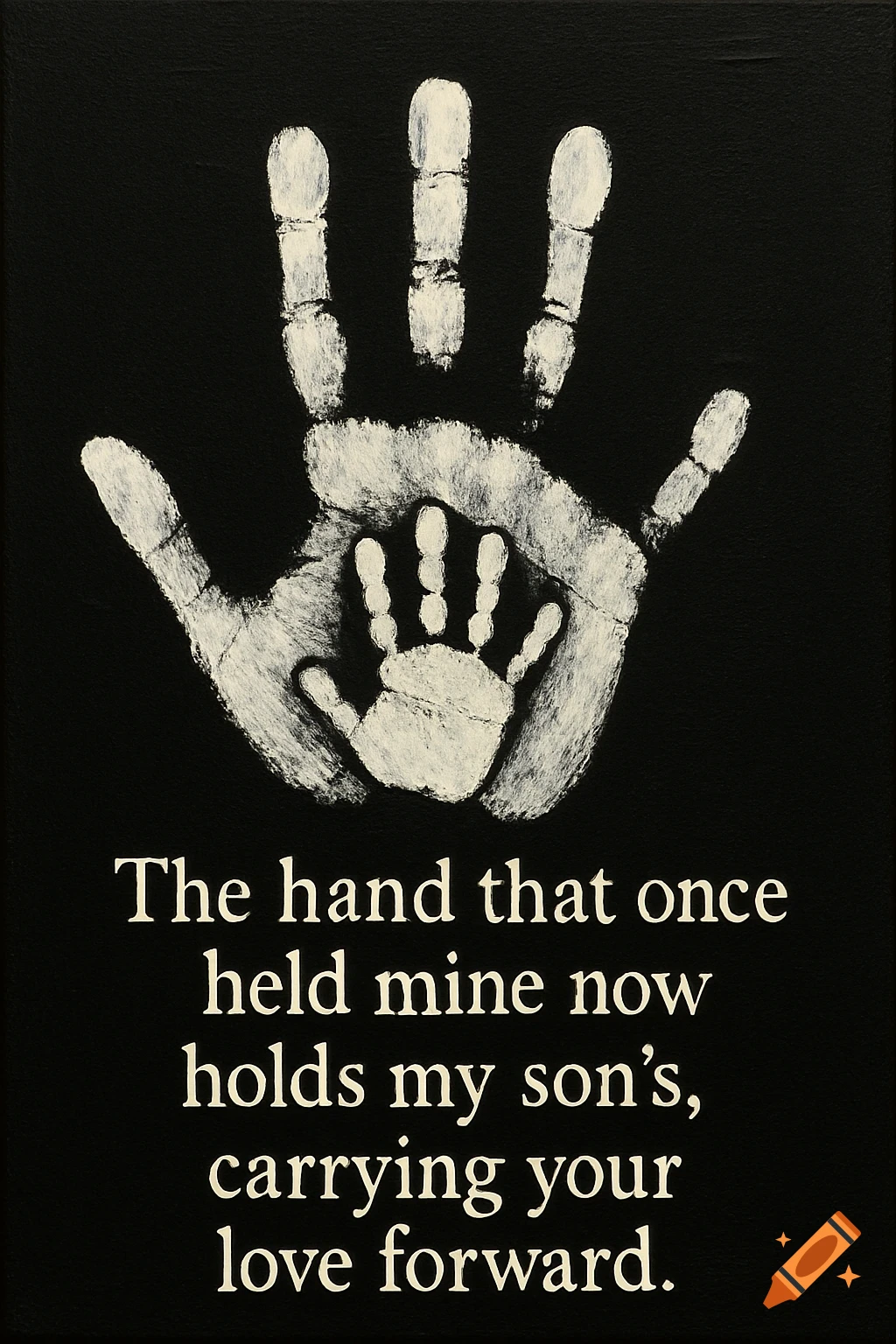 White handprints of an adult hand holding a child's hand on a black background with text below.