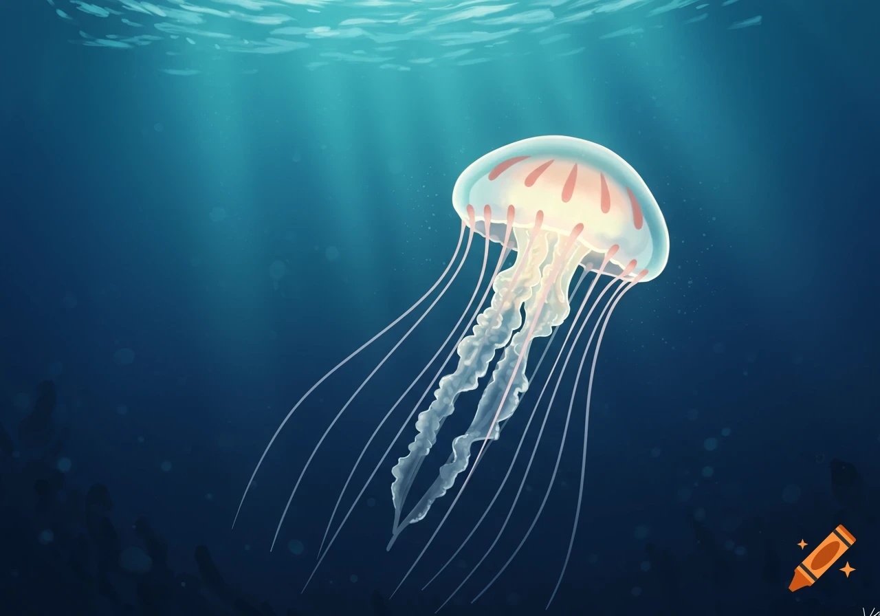 A stylized illustration of a glowing jellyfish swimming in deep blue water with sun rays filtering from the surface.
