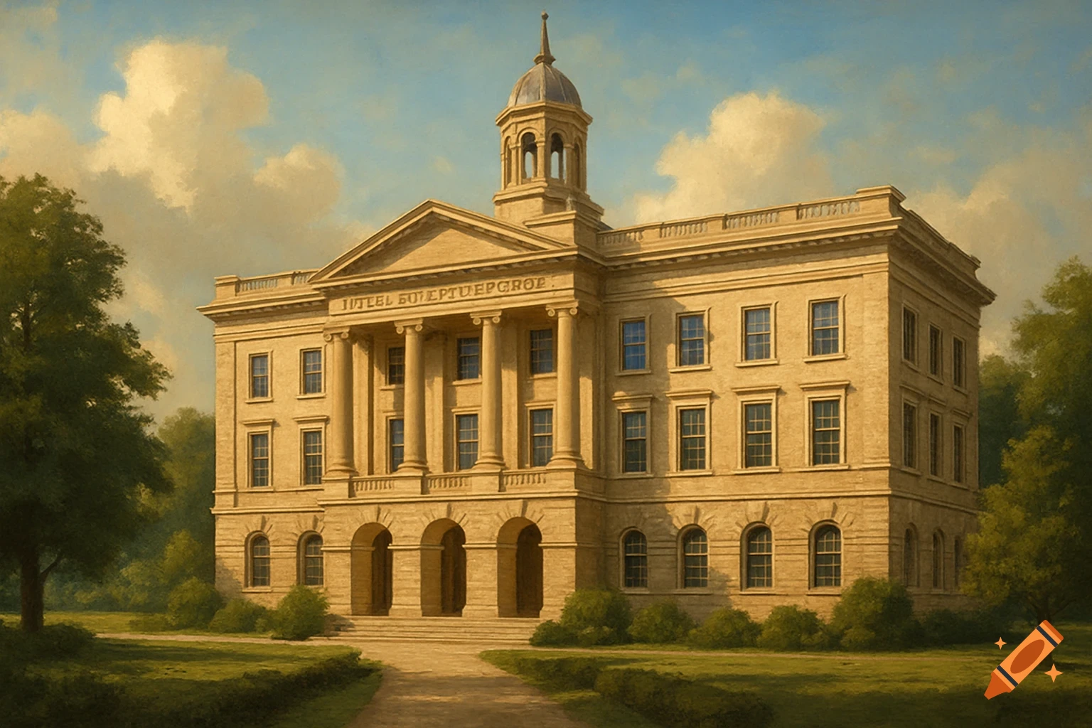 A classical-style building with columns and a dome, set in a grassy park under a cloudy sky, painted in a classical style.