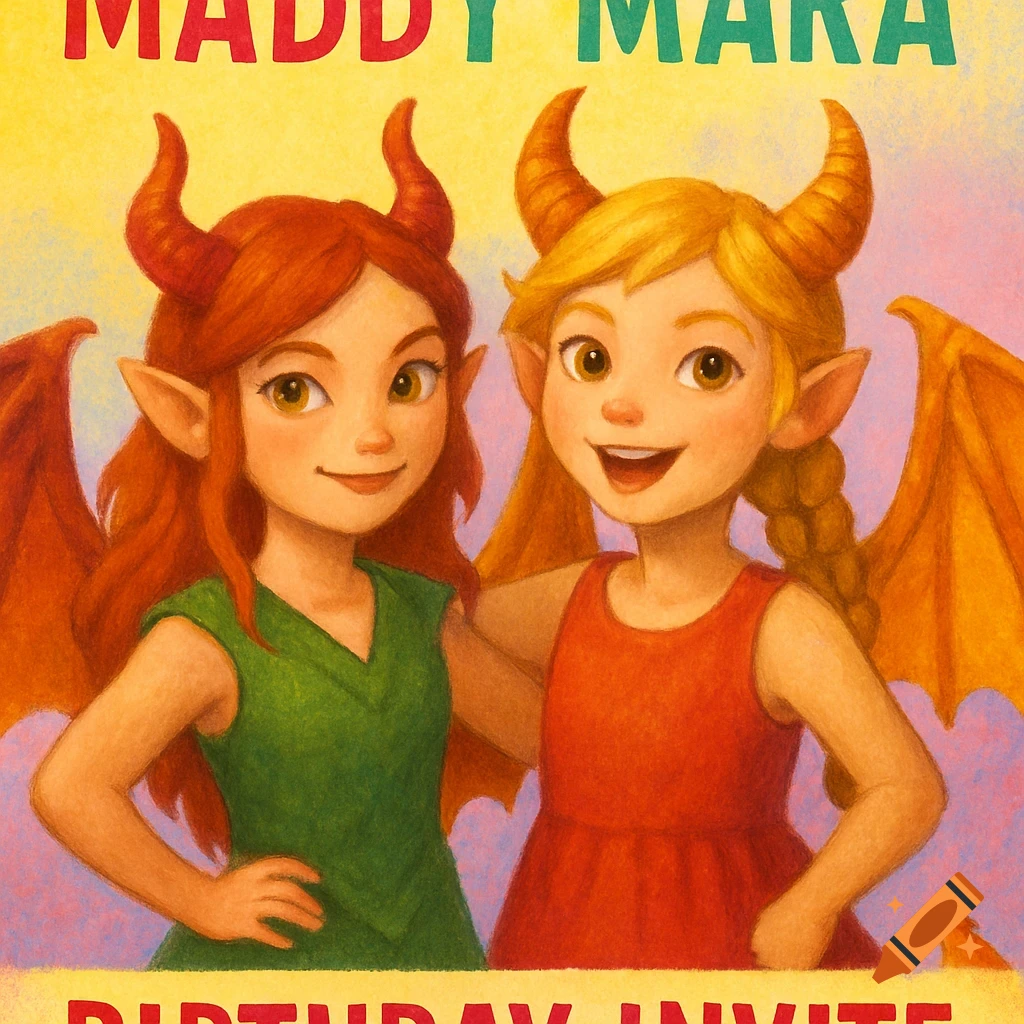 Illustration of two smiling girls with horns and wings, with text 'MADDY MARA' and 'BIRTHDAY INVITE'.