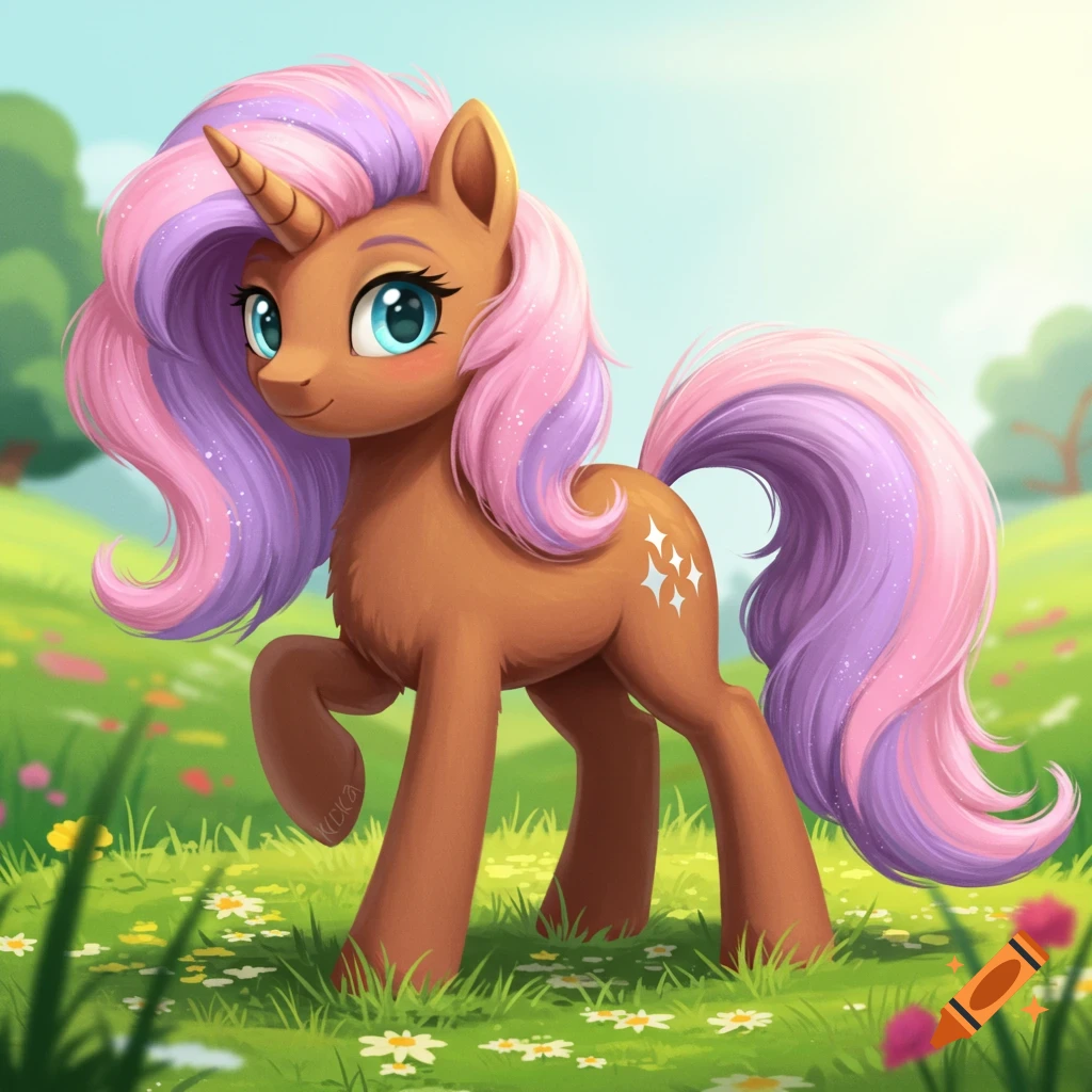 A cartoon pony with brown fur, pink and purple mane, and stars on its flank stands in a sunny flower field.
