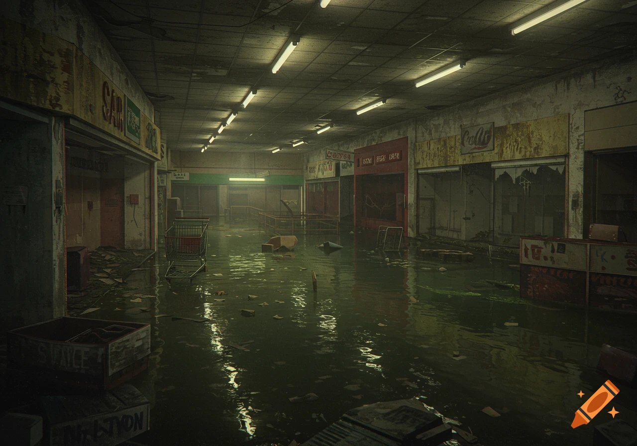 An abandoned mall interior is flooded with murky water, debris scattered everywhere. A shopping cart stands in the water.