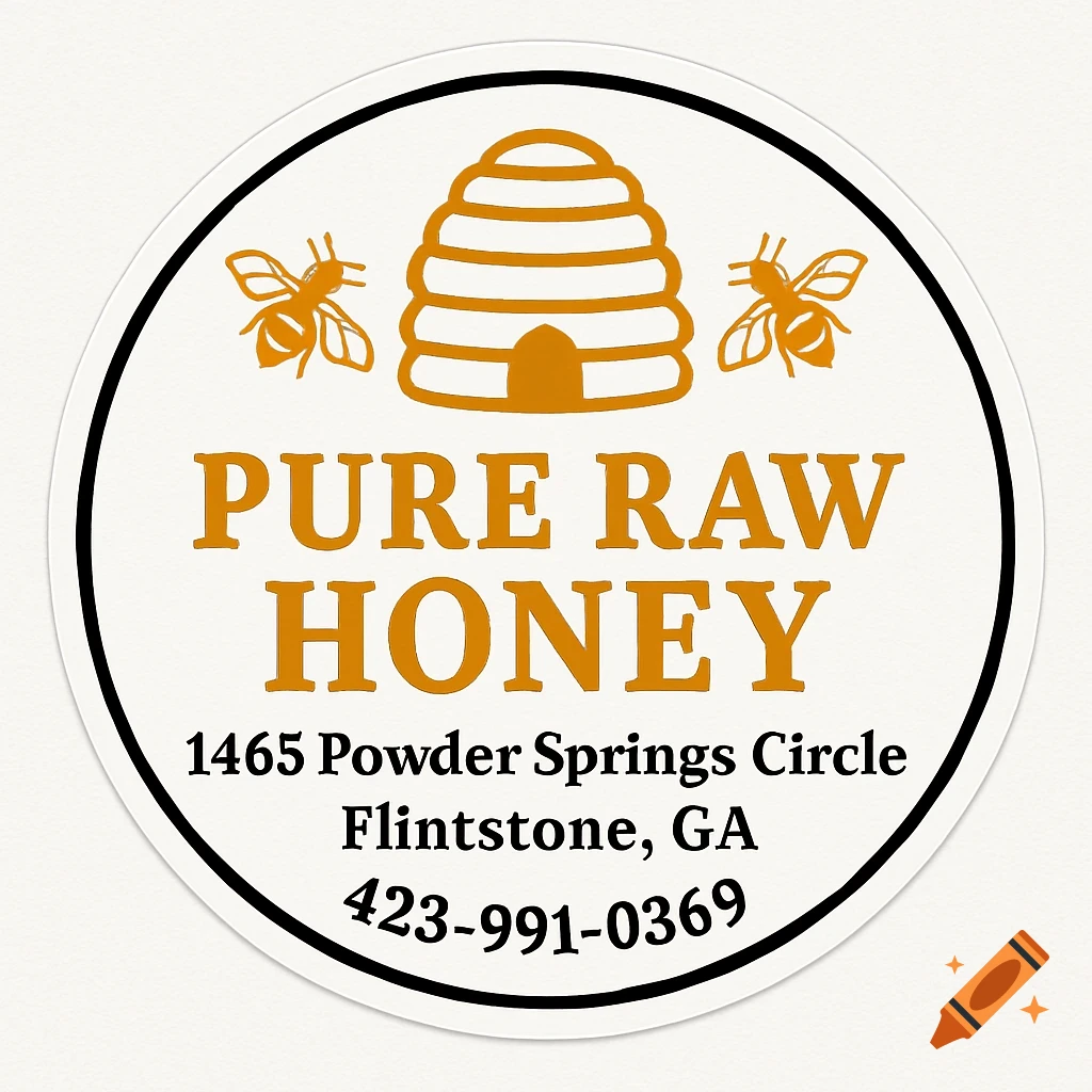 A circular label design for honey with a beehive, bees, and text.
