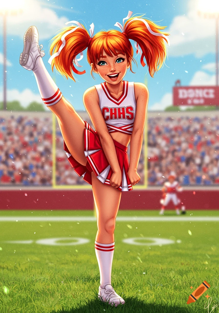 Illustration of a redhead cheerleader doing a high kick on a football field.