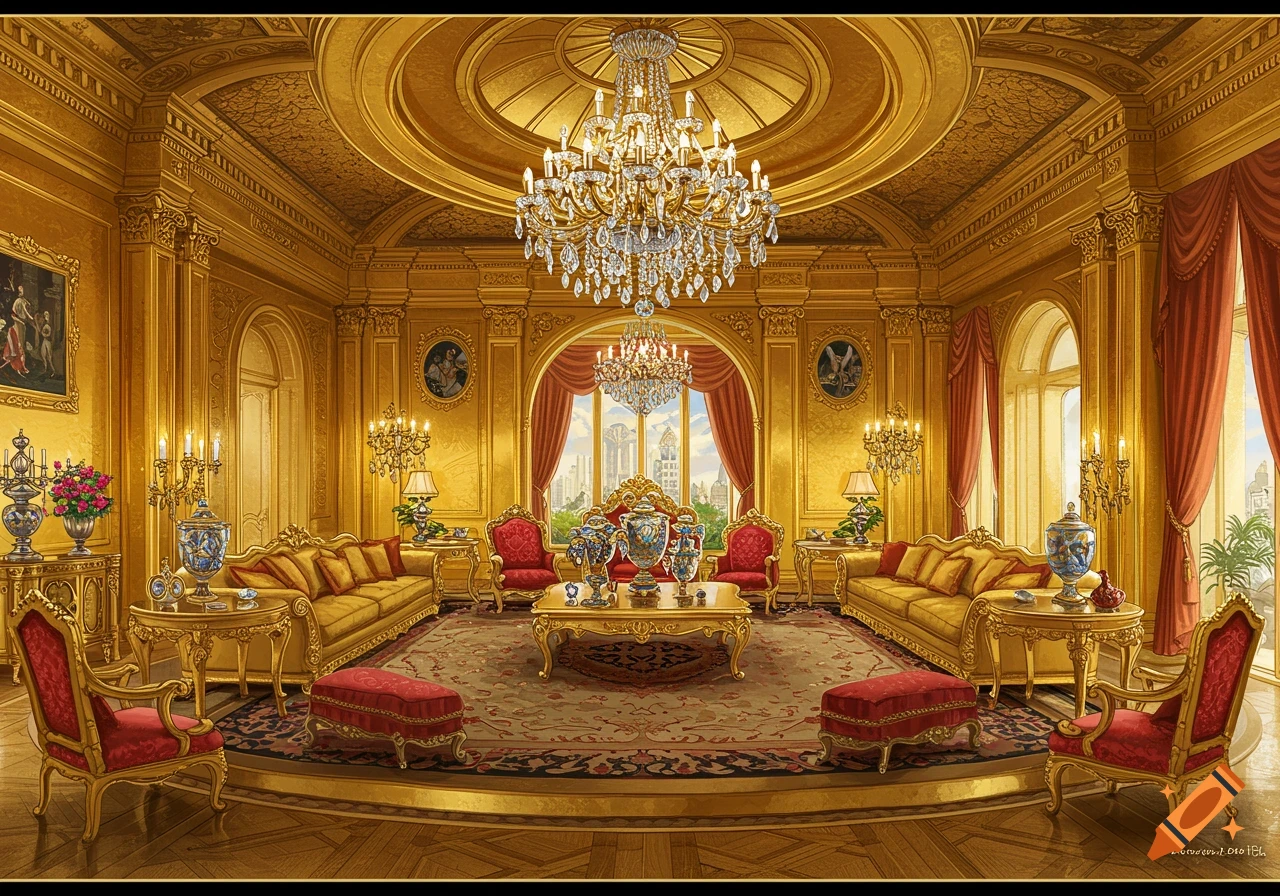 Luxurious gold room with opulent furnishings, chandeliers, and large windows.