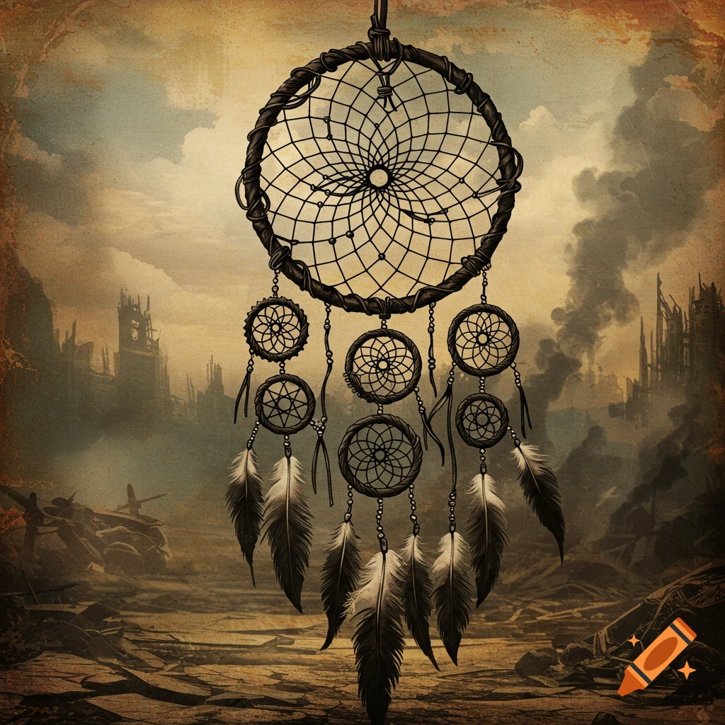 A dream catcher hangs in the foreground of a vintage grunge apocalypse landscape.