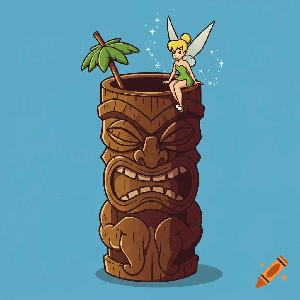 Cartoon illustration of Tinkerbell sitting on the rim of a tiki mug with a drink umbrella.
