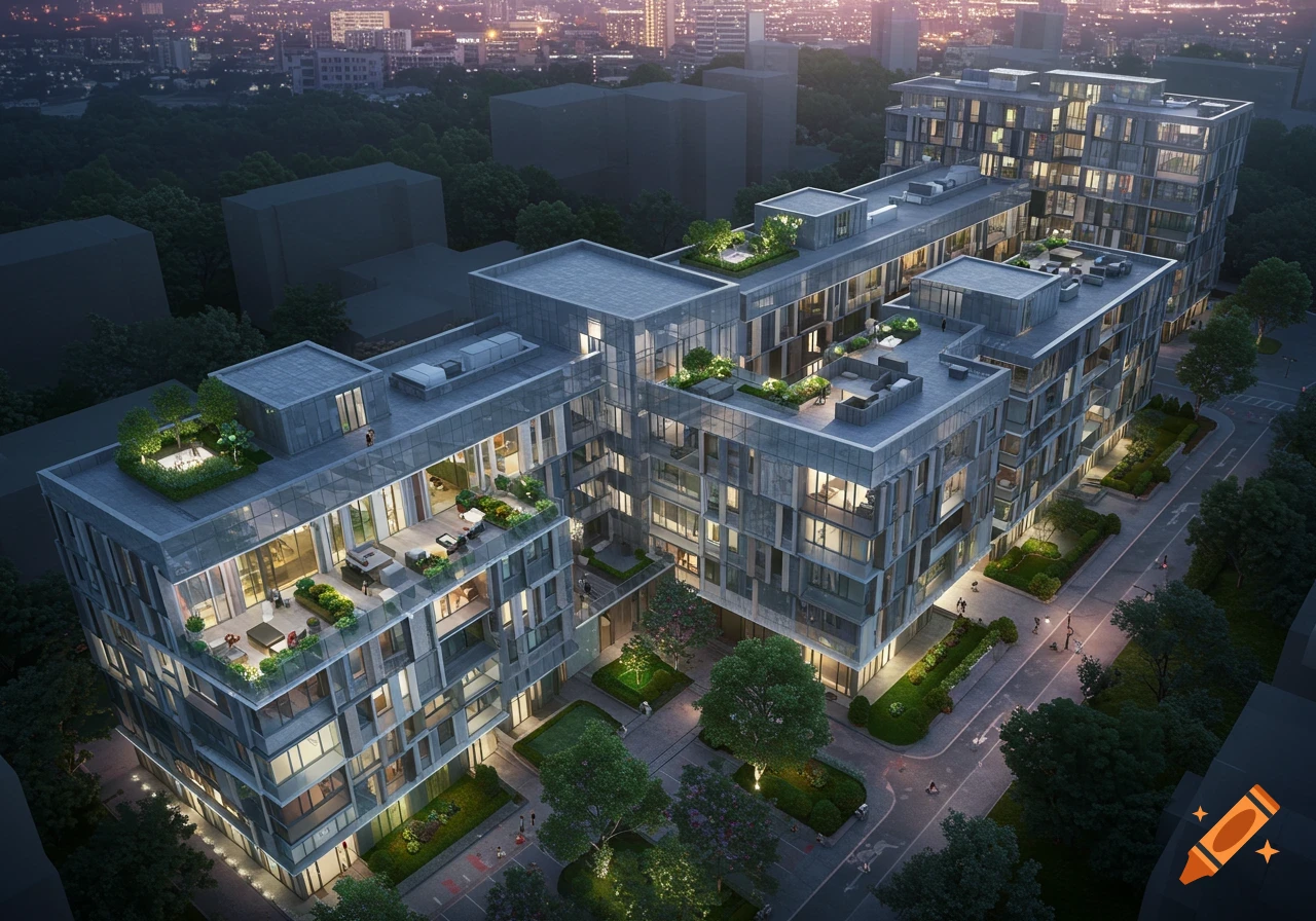 Aerial view of a modern apartment complex with green roofs and patios at twilight.