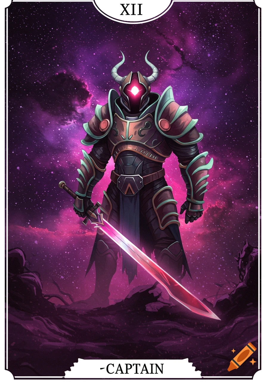 Stylized armored figure with sword, framed as a tarot card with text 'XII' and '-CAPTAIN', against a purple space background.