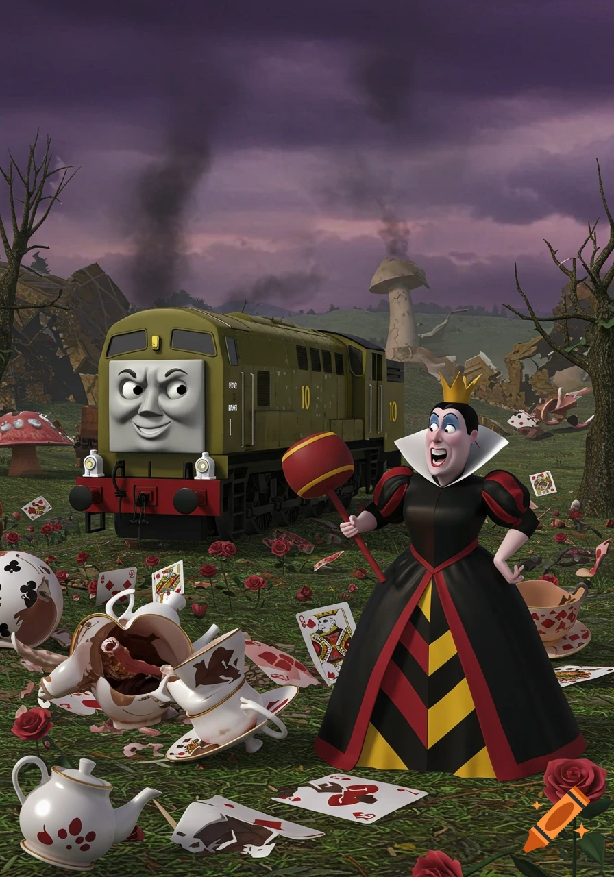 Diesel 10 and the Queen of Hearts stand amidst broken teacups and scattered cards in a fantasy Wonderland.