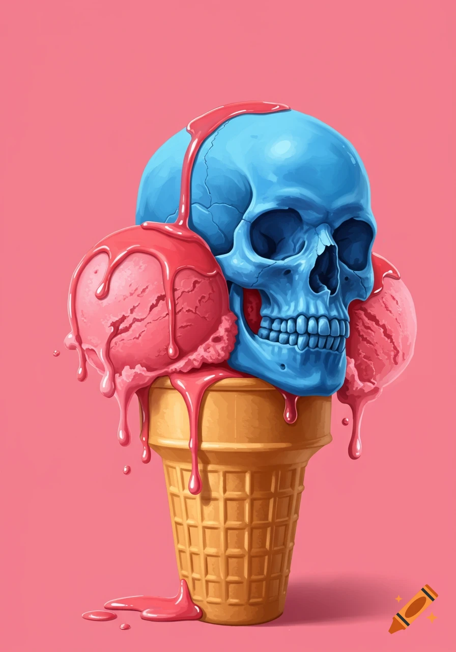 A blue skull sits atop a sugar cone between two melting pink ice cream scoops against a pink background. Illustration.