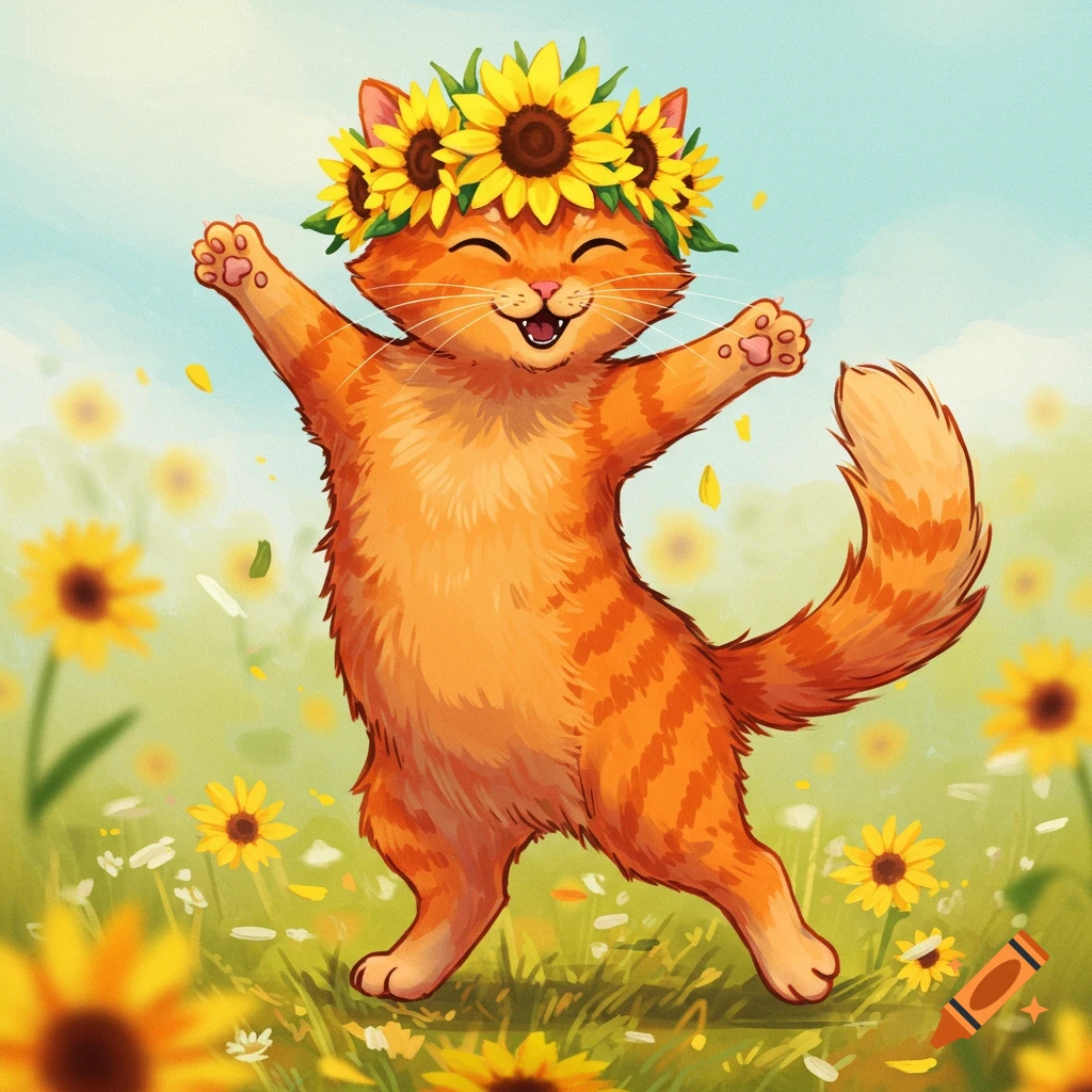 An orange tabby cat wearing a sunflower crown dances in a field of sunflowers.